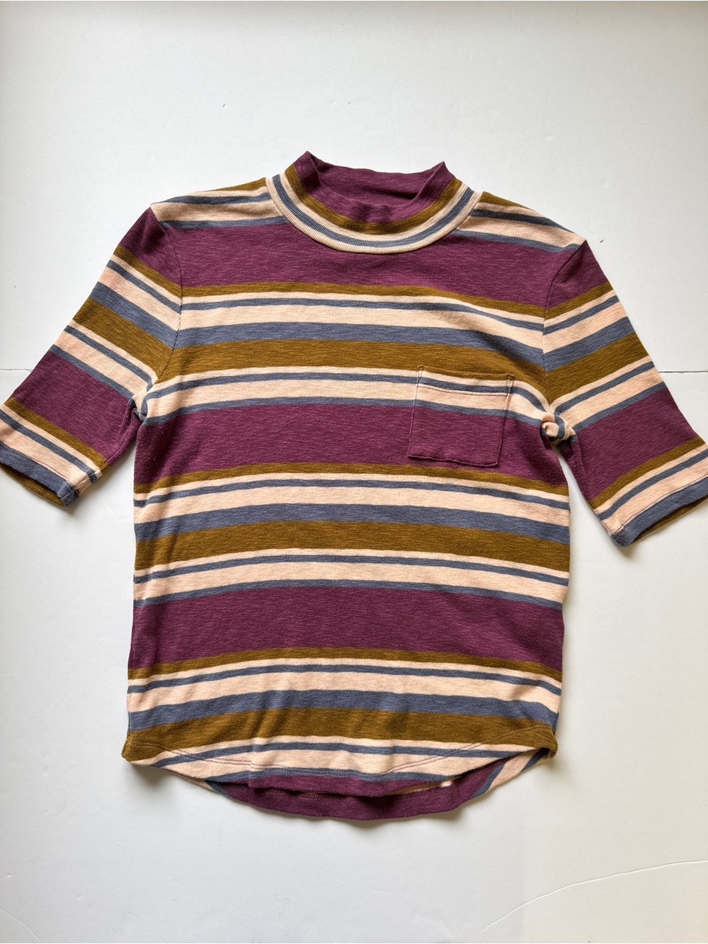 Madewell Mock Neck Shirt Tail Tee in Stripe Short Sleeve Knit Top Sz M - Picture 10 of 12